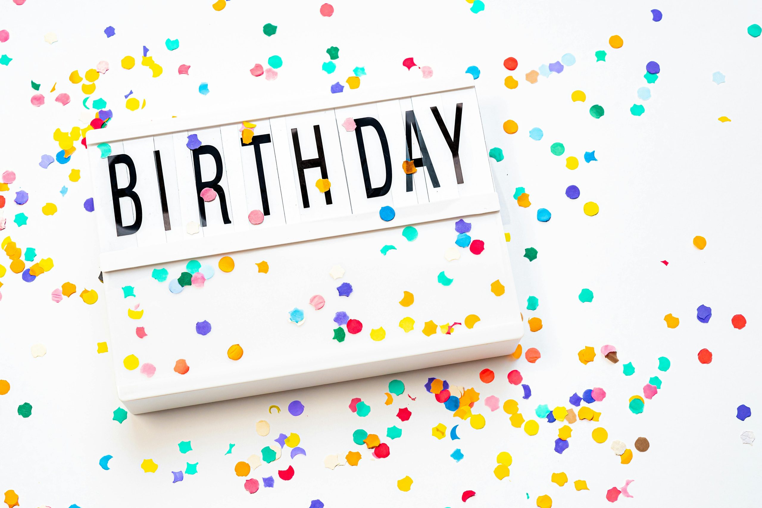 A vibrant birthday celebration background with colorful confetti and a birthday sign.